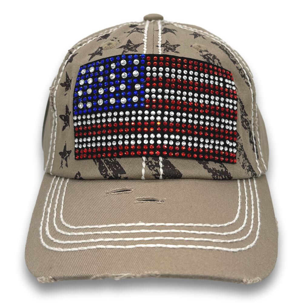 American Flag Rhinestone Mom Dad Hat Cross-Stitched Stars & Stripes Baseball Cap